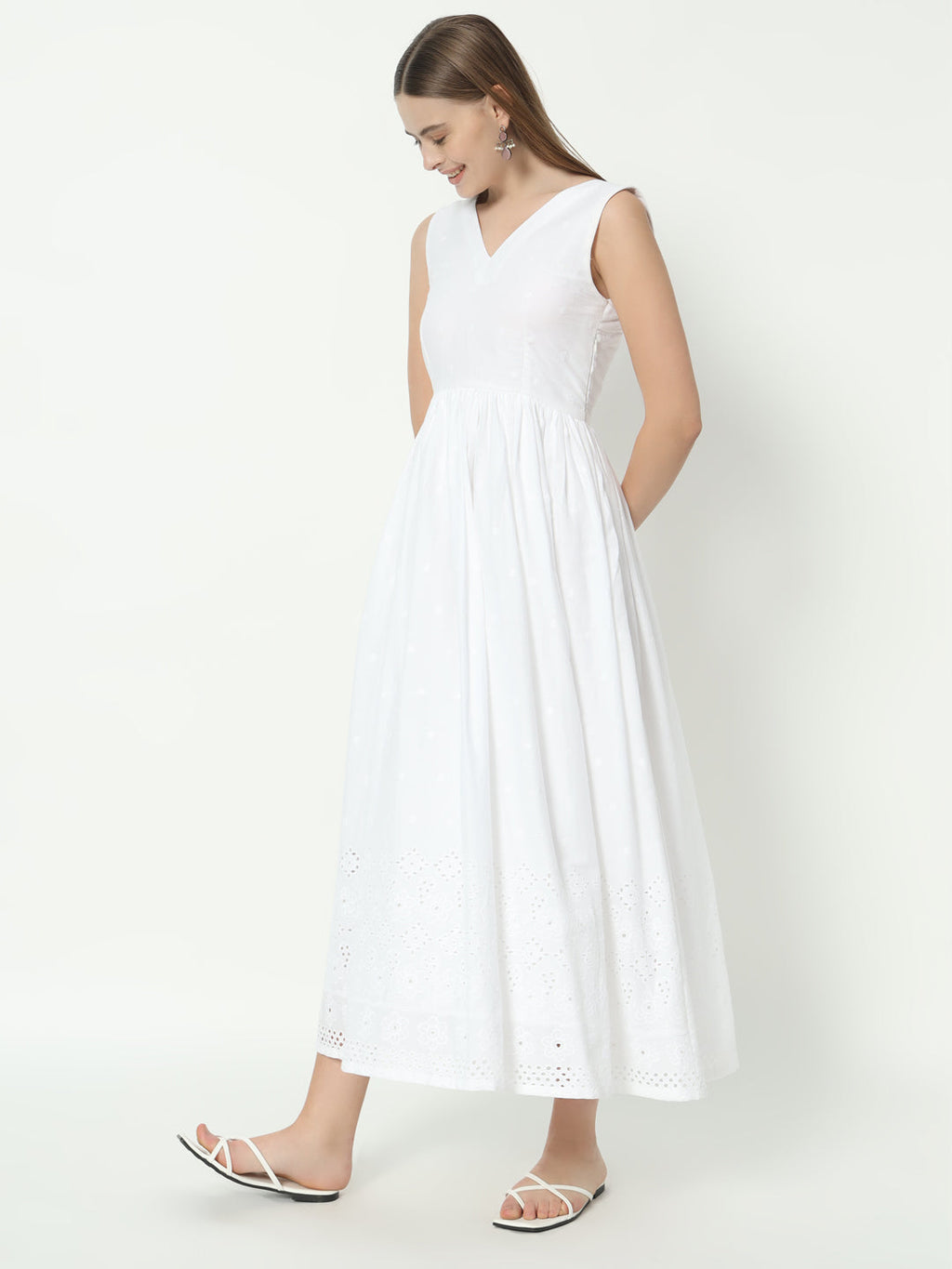 Fab Fashion White Chiken Kari V Neck Gadder Dress