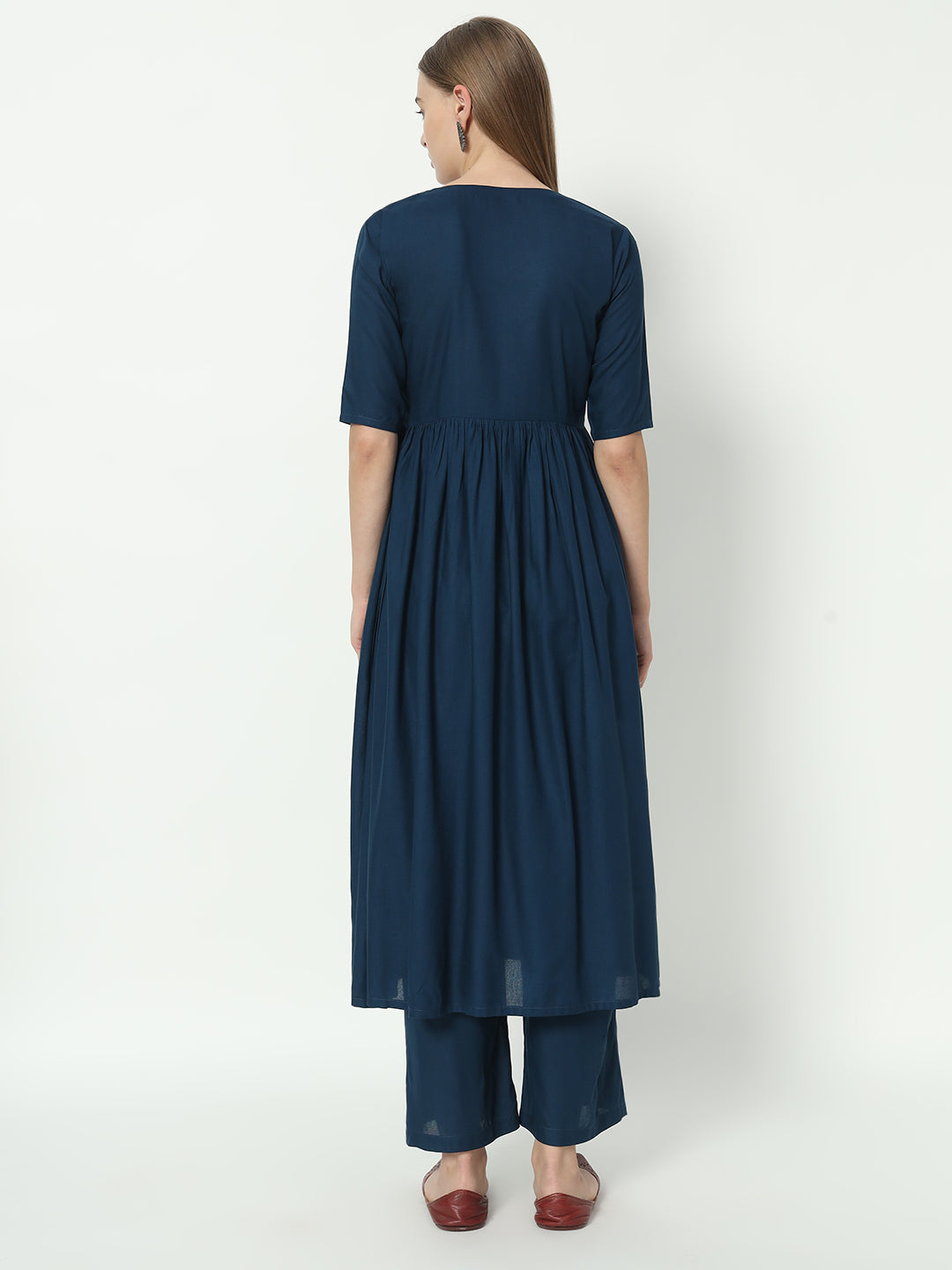 Peacock Blue Alia Cut V-Neck Pure Cotton Top and Pant Set