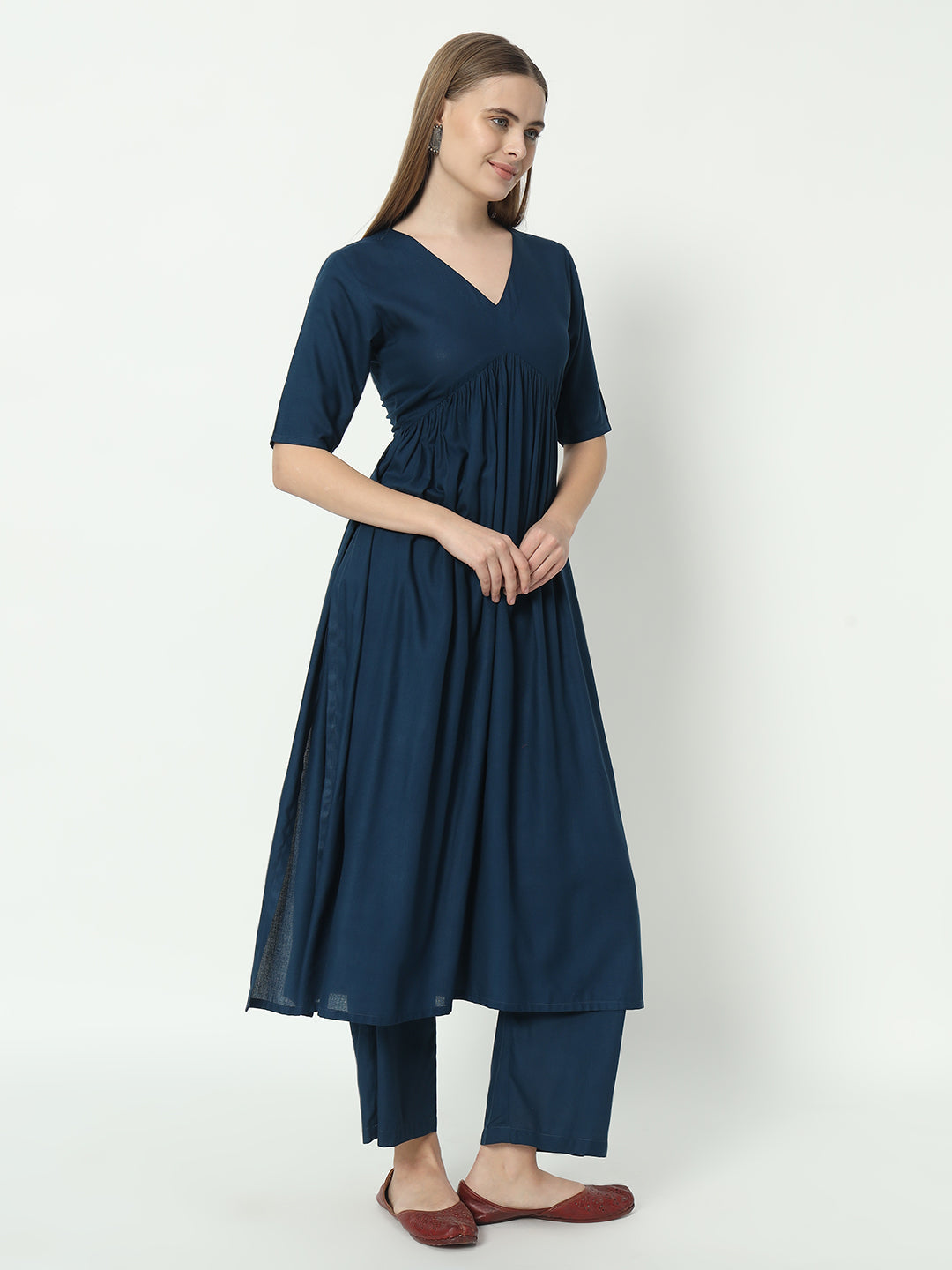 Peacock Blue Alia Cut V-Neck Pure Cotton Top and Pant Set