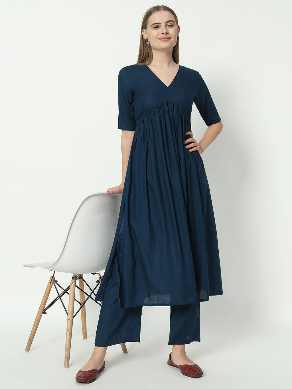 Peacock Blue Alia Cut V-Neck Pure Cotton Top and Pant Set