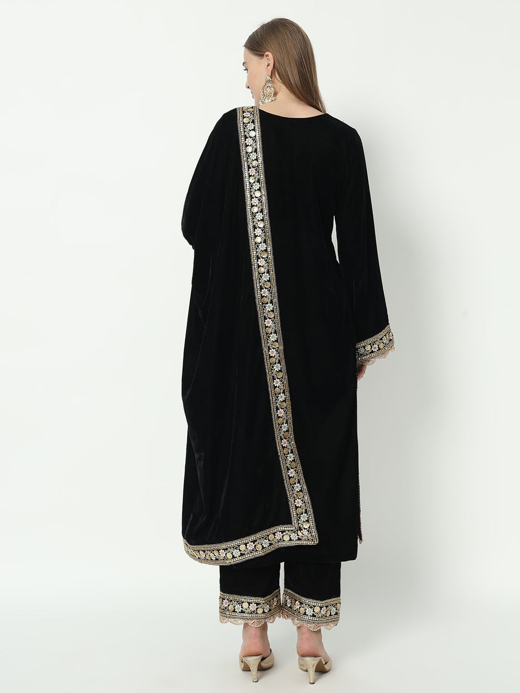 Fab Fashion Black Velvet Side High Slit Suit Full Set