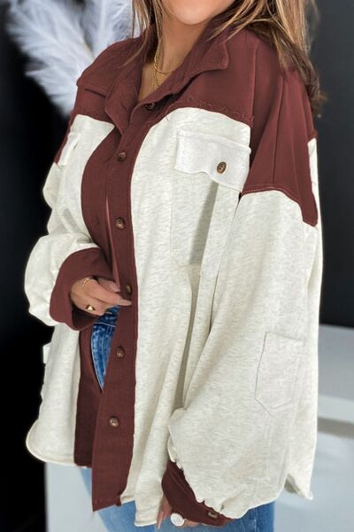 Contrast Collar Button-Up Utility Jacket with Pockets