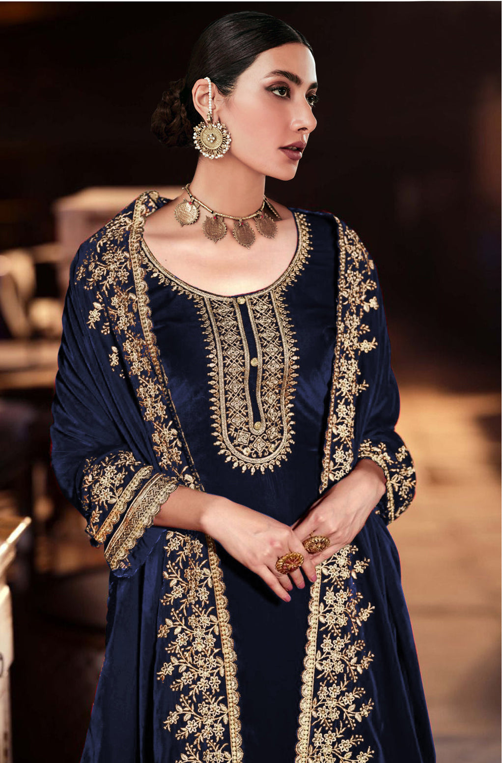 Blue Velvet Embroidered Salwar Suit Material with Sequence Work