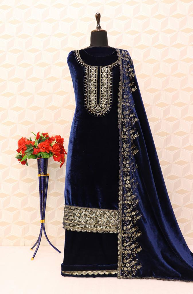 Blue Velvet Embroidered Salwar Suit Material with Sequence Work