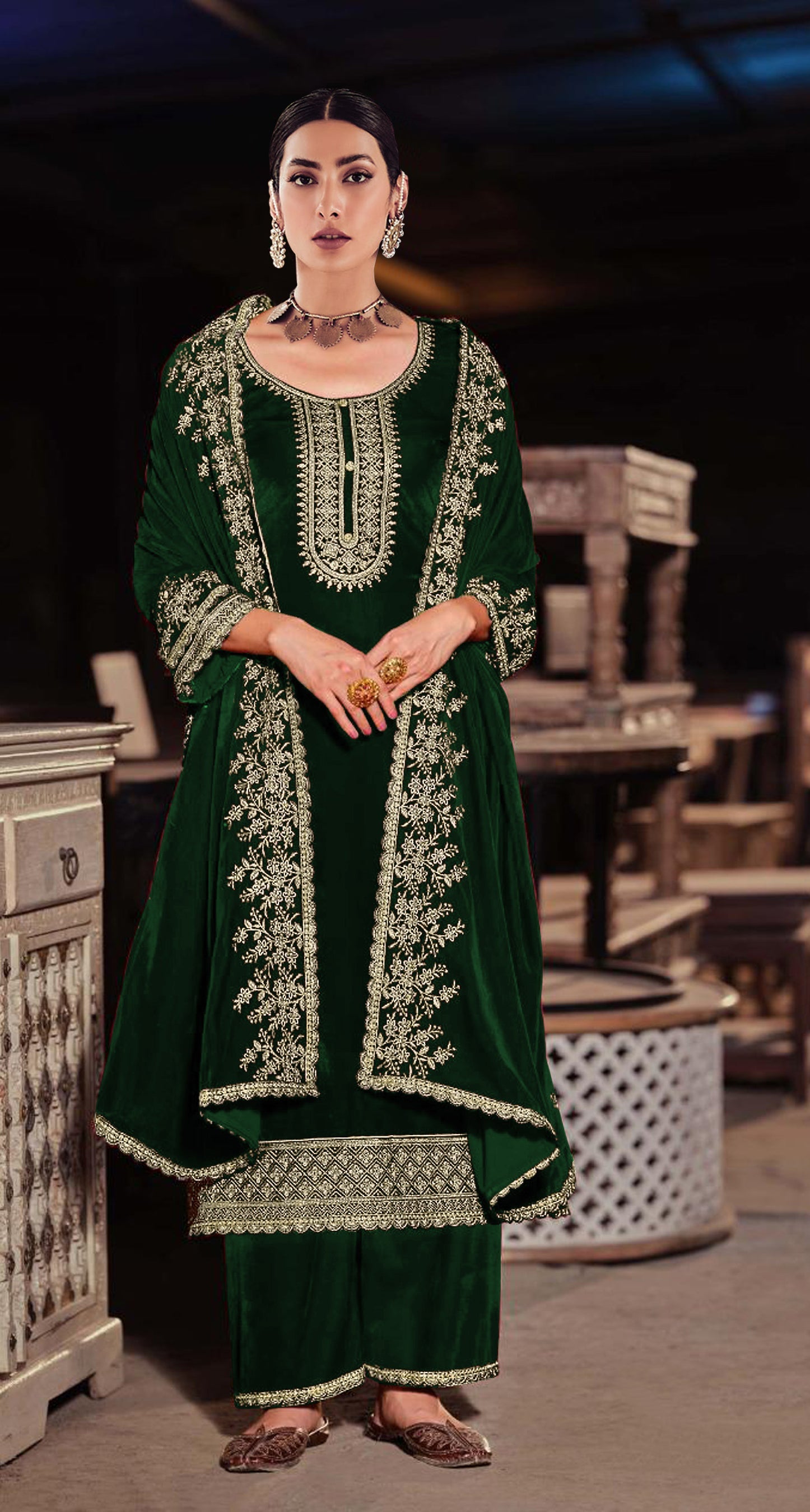 Green Velvet Embroidered Salwar Suit Unstitched Dress Material