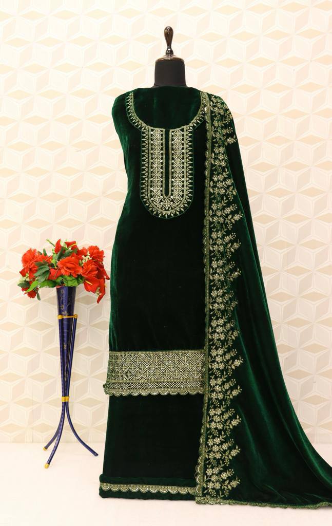 Green Velvet Embroidered Salwar Suit Unstitched Dress Material