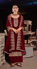 Maroon velvet salwar suit material with intricate embroidery, sequence work, and lace detailing