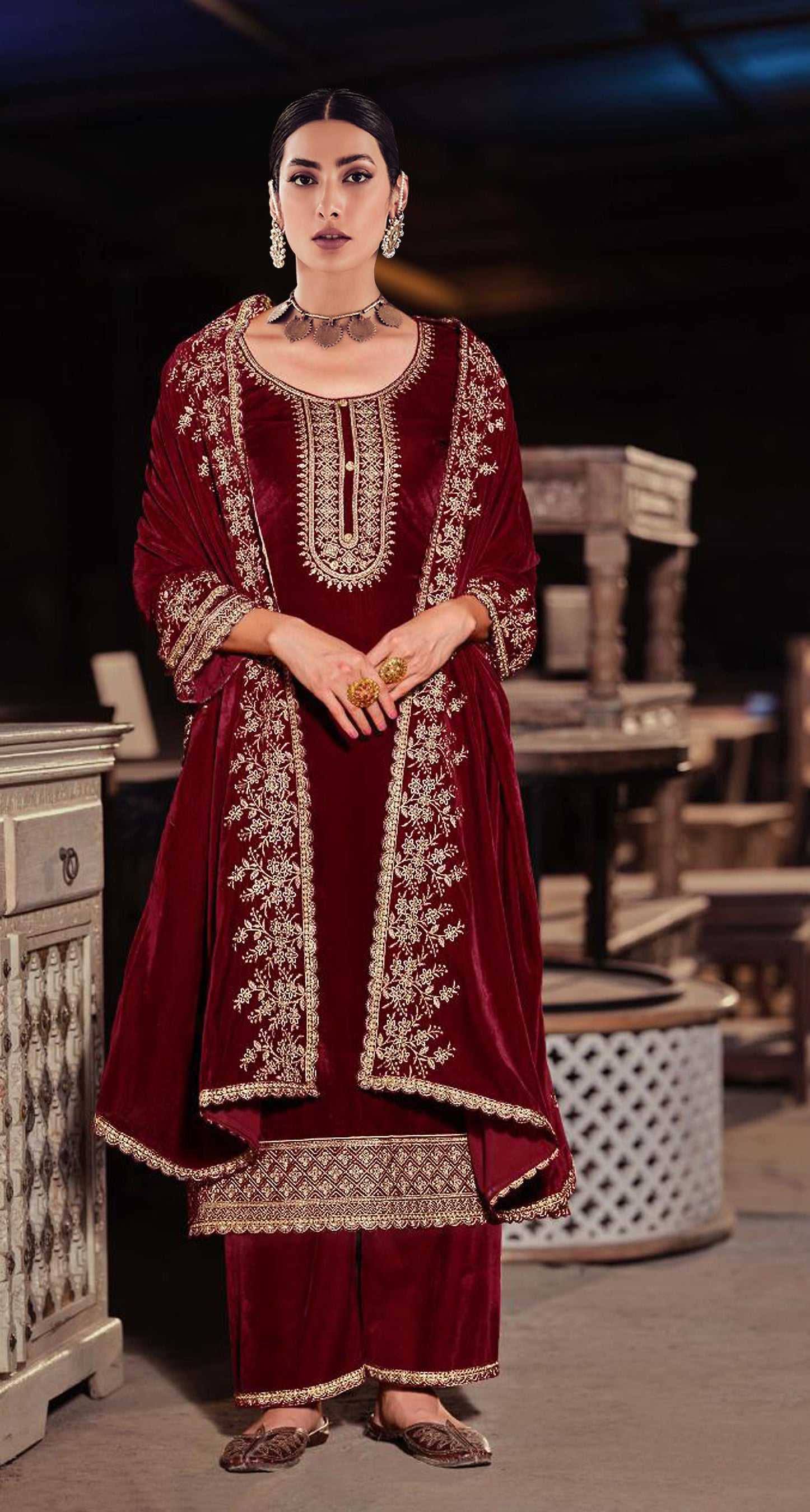 Maroon velvet salwar suit material with intricate embroidery, sequence work, and lace detailing
