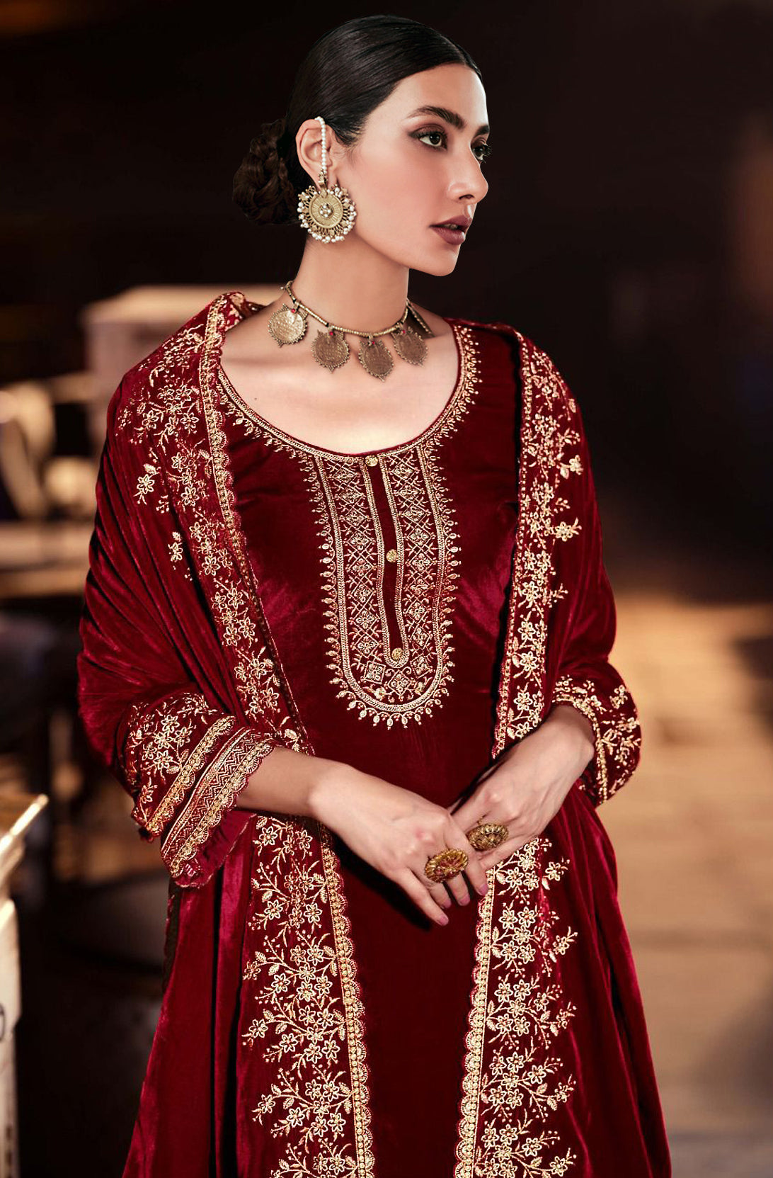 Maroon Velvet Embroidered Salwar Suit Material with Sequence Work