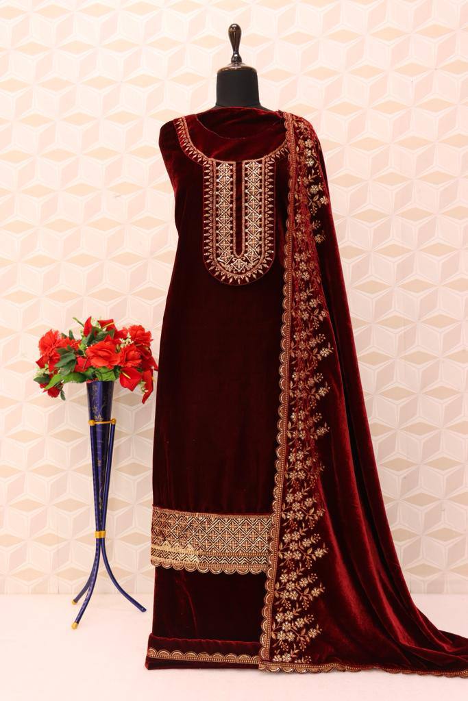 Maroon Velvet Embroidered Salwar Suit Material with Sequence Work