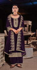 Purple velvet salwar suit material with intricate embroidery and sequence work