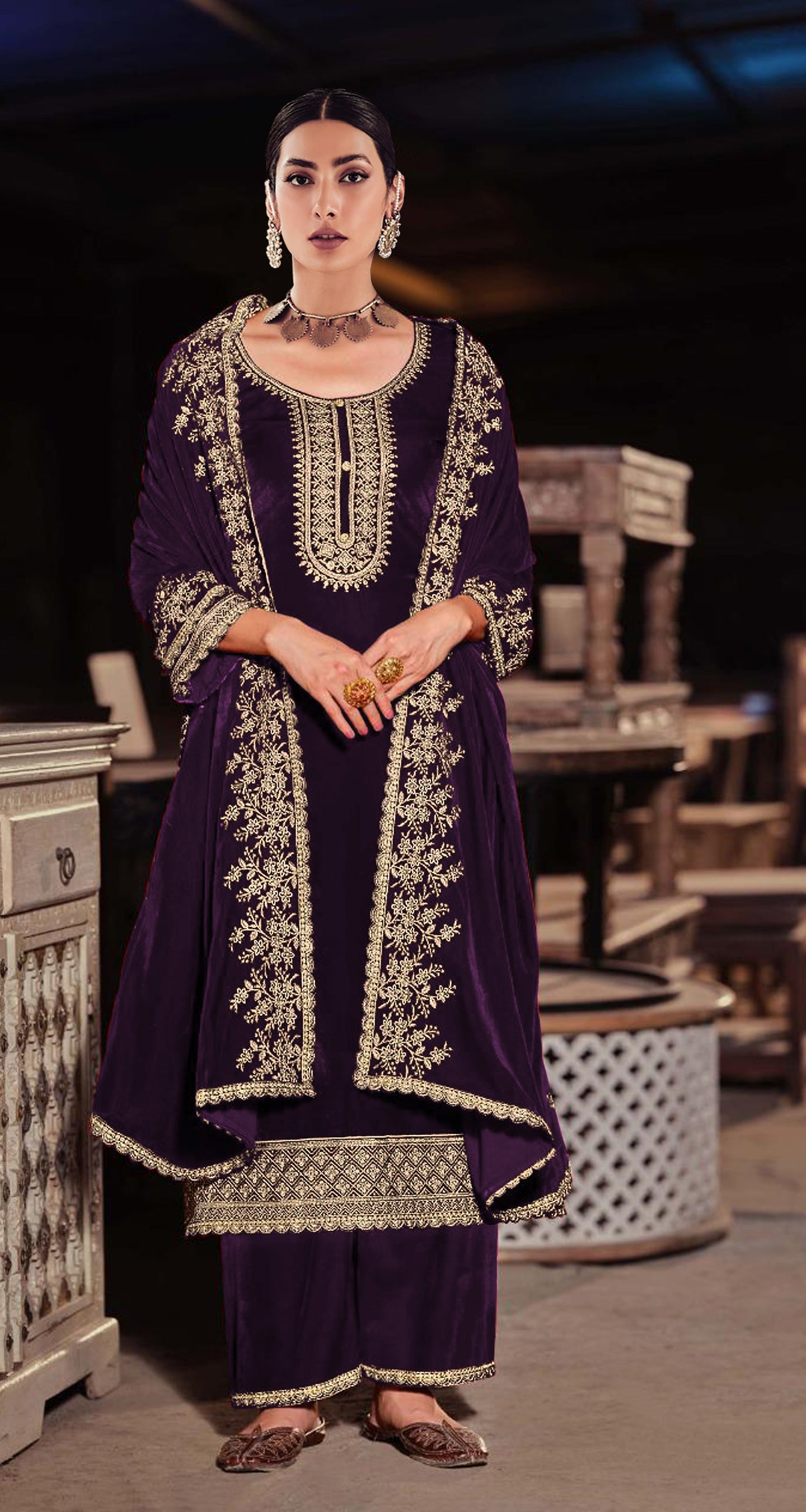 Purple velvet salwar suit material with intricate embroidery and sequence work