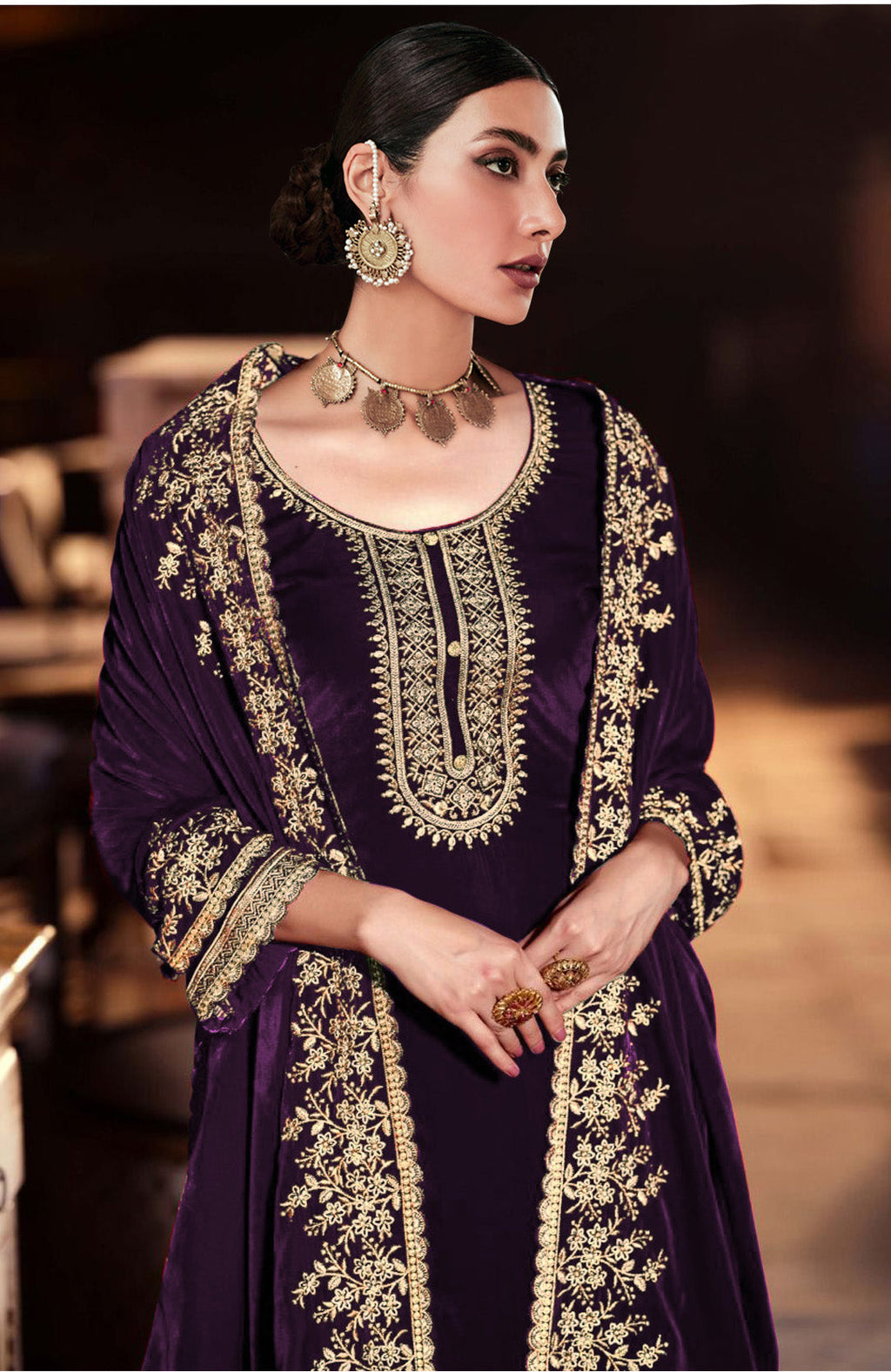 Women's Purple Velvet Embroidered Salwar Suit Dress Material