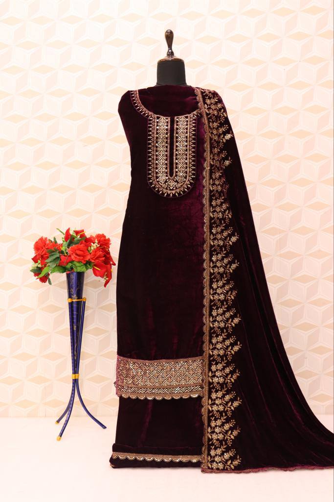 Women's Purple Velvet Embroidered Salwar Suit Dress Material