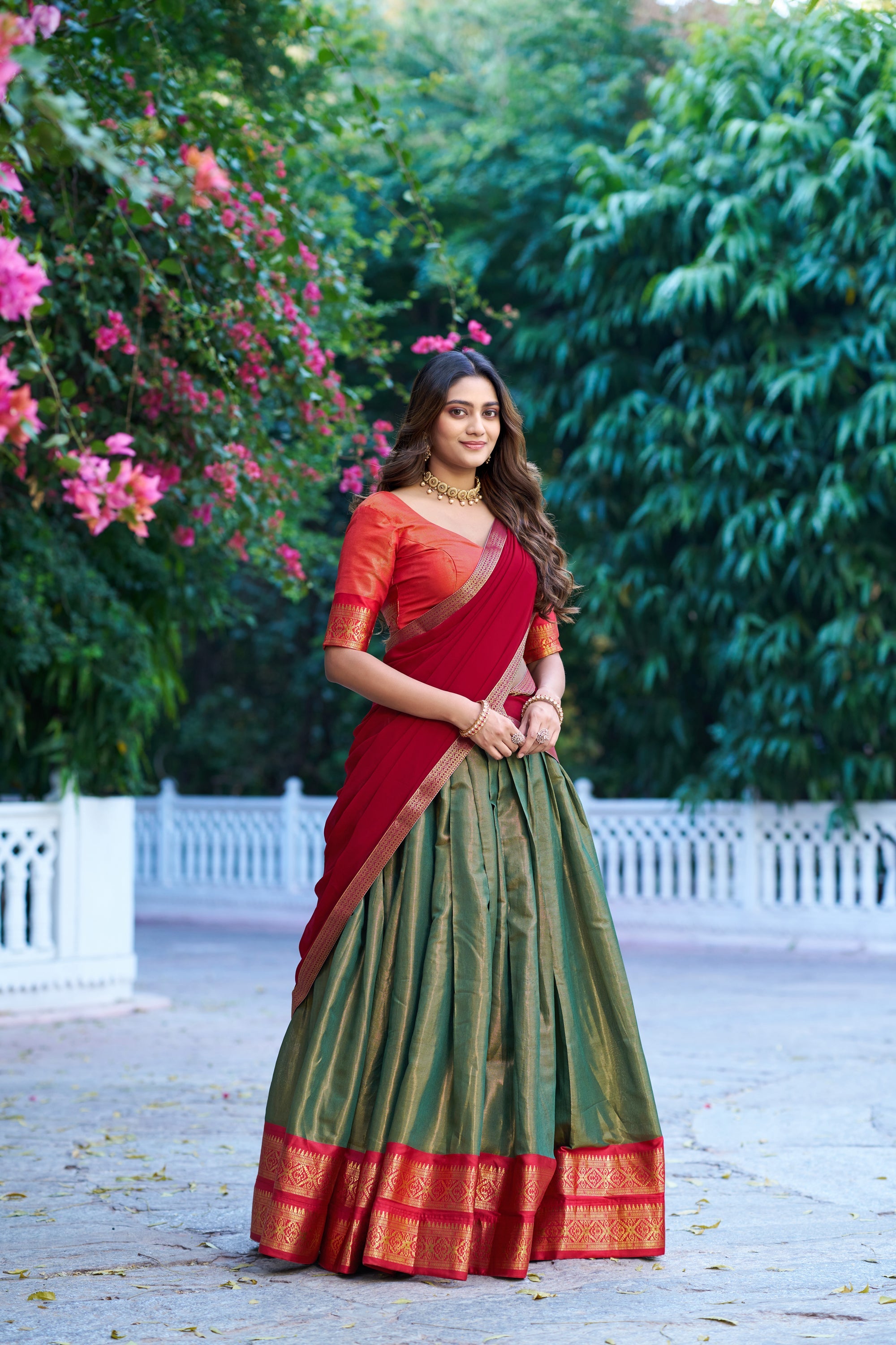Mehendi Kanchipuram silk lehenga choli with gold zari weaving work
