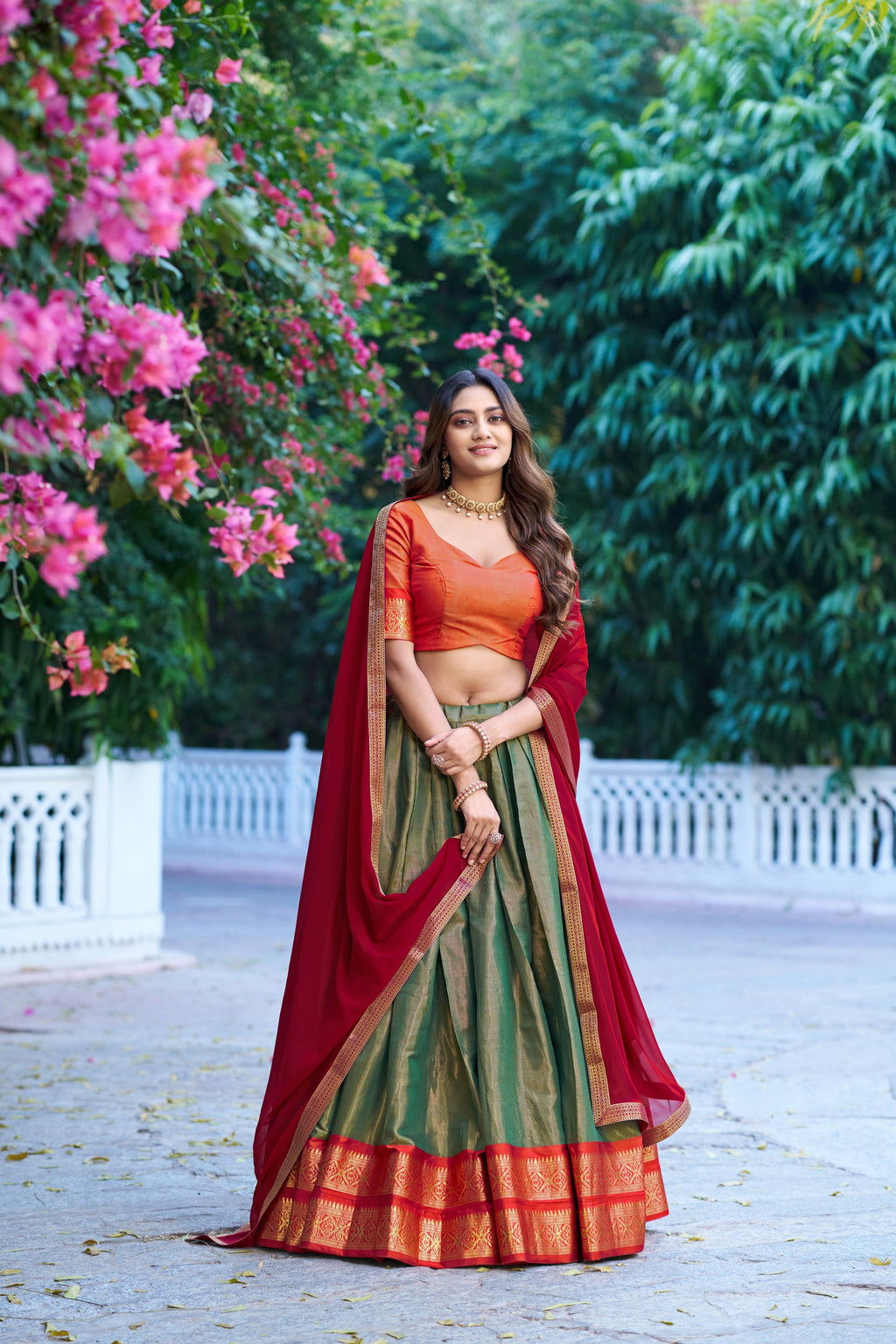 Mehendi Kanchipuram Silk Lehenga Choli with Zari Weaving