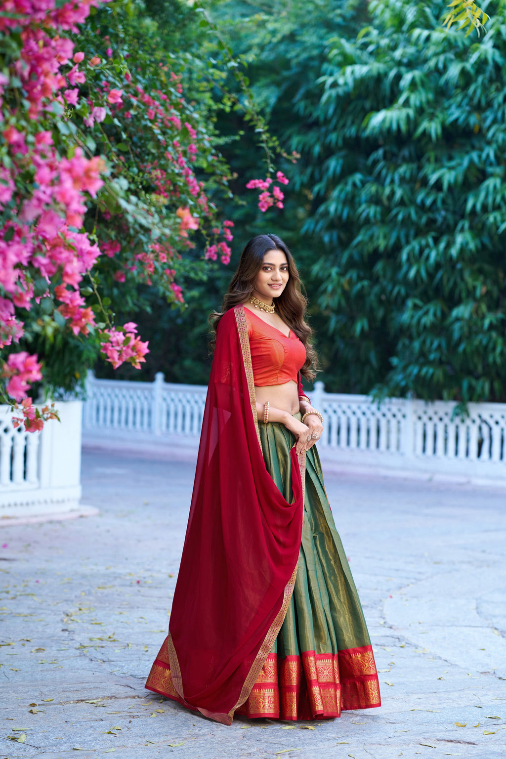 Mehendi Kanchipuram Silk Lehenga Choli with Zari Weaving