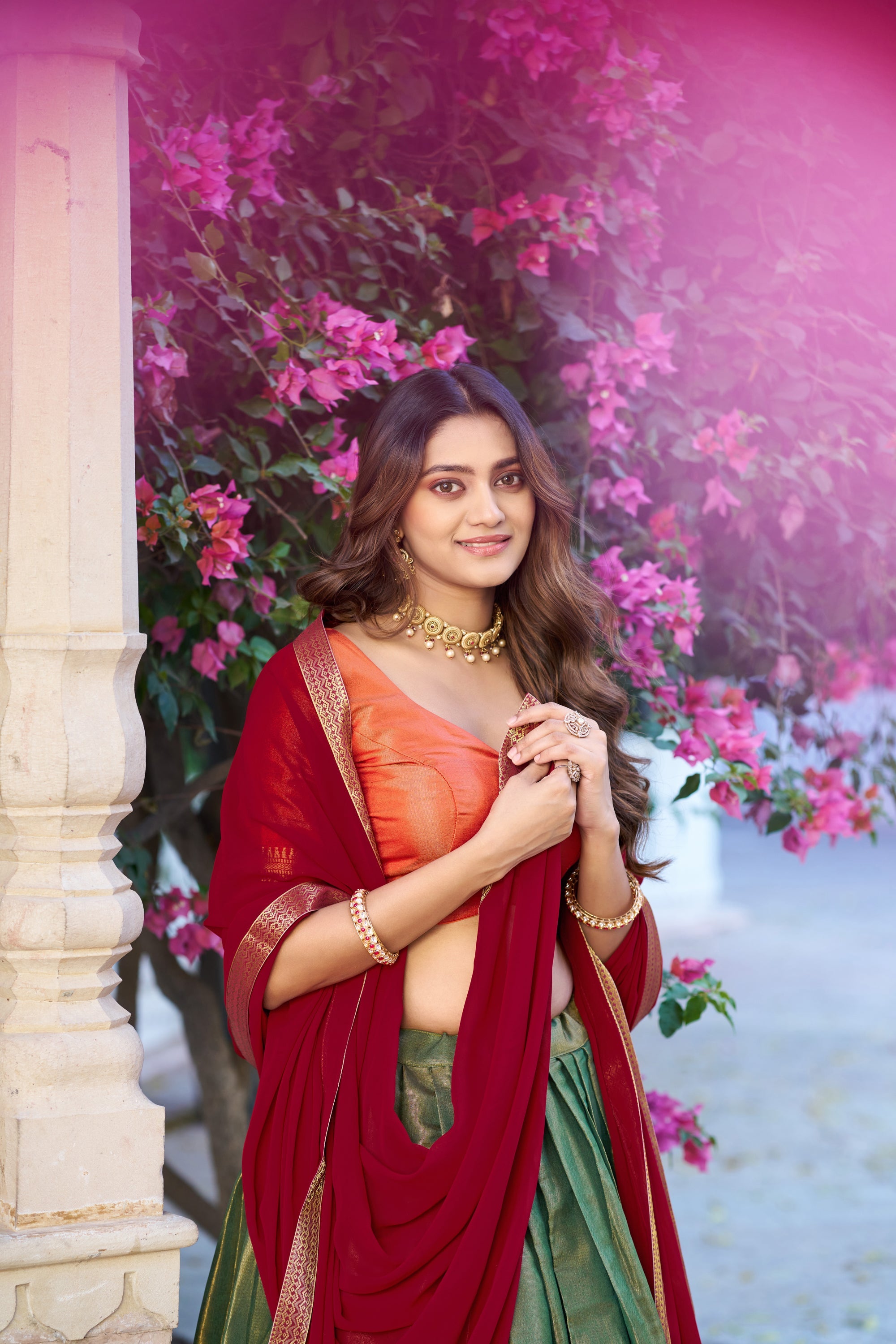 Mehendi Kanchipuram Silk Lehenga Choli with Zari Weaving