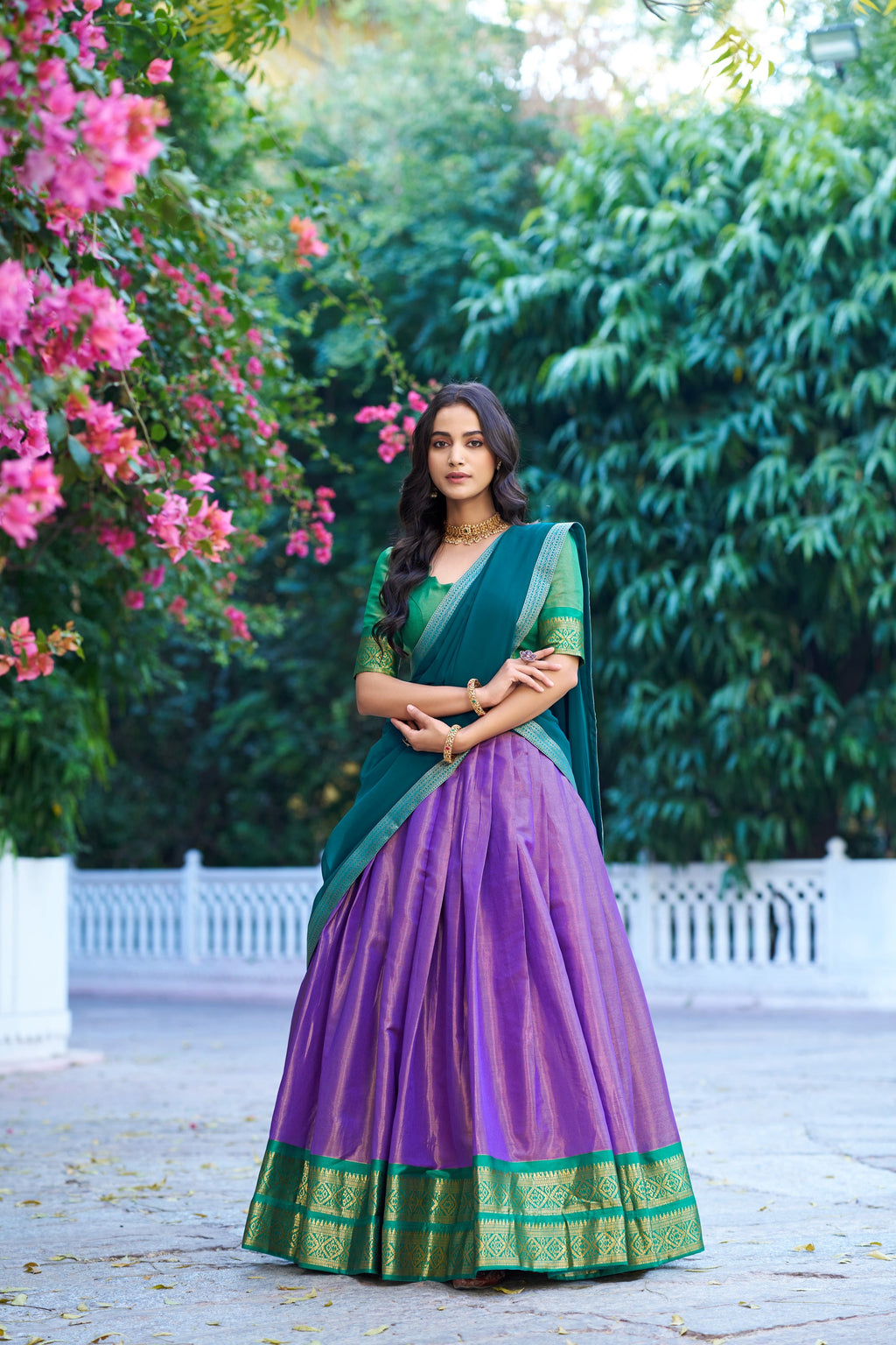 Lavender Kanchipuram silk lehenga choli with heavy zari weaving and dupatta