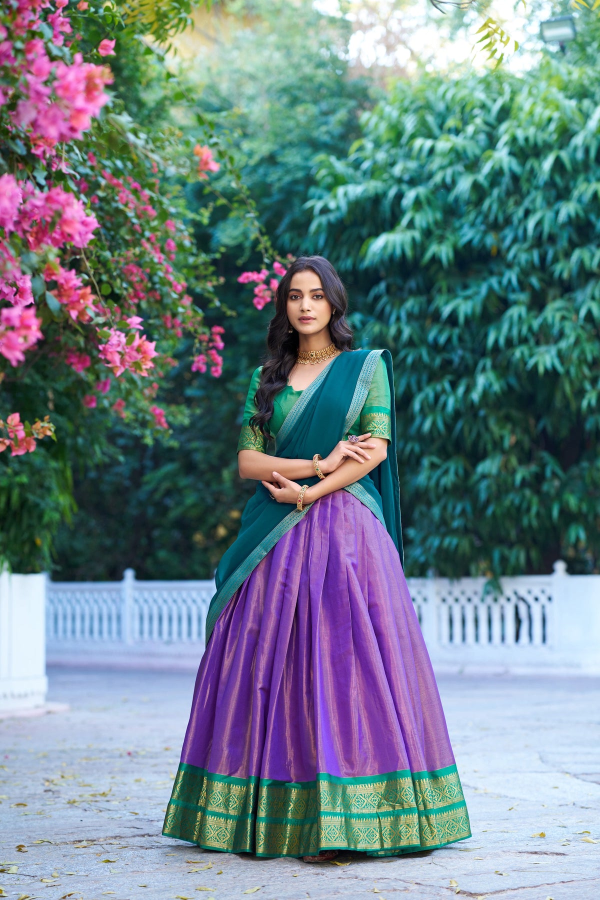 Lavender Kanchipuram silk lehenga choli with heavy zari weaving and dupatta