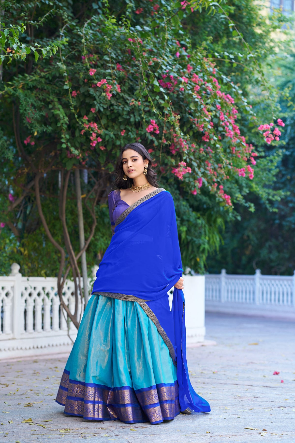 Royal Blue Kanchipuram Silk Lehenga Choli with Zari Weaving