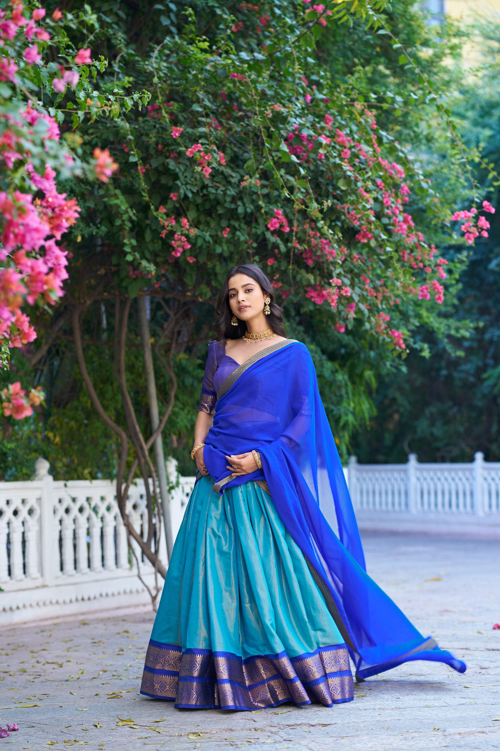 Royal Blue Kanchipuram Silk Lehenga Choli with Zari Weaving