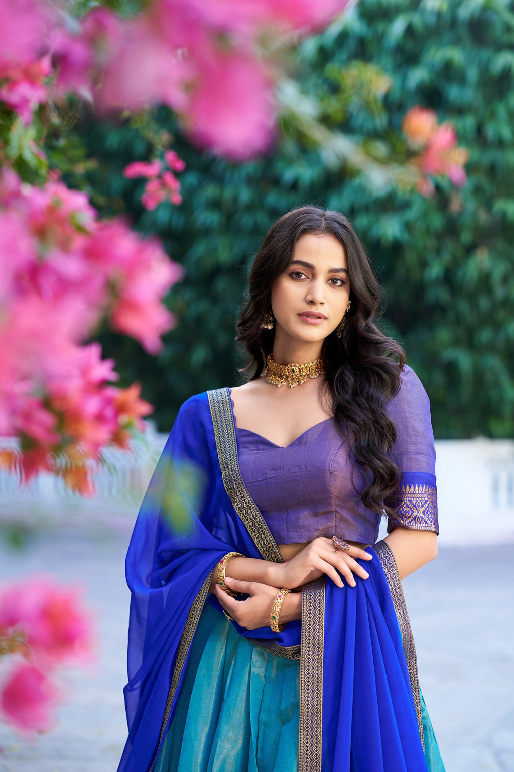 Royal Blue Kanchipuram Silk Lehenga Choli with Zari Weaving