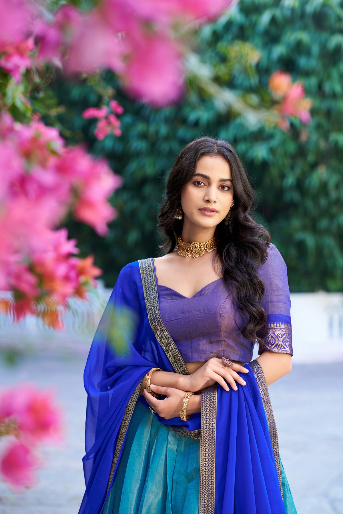 Royal Blue Kanchipuram Silk Lehenga Choli with Zari Weaving