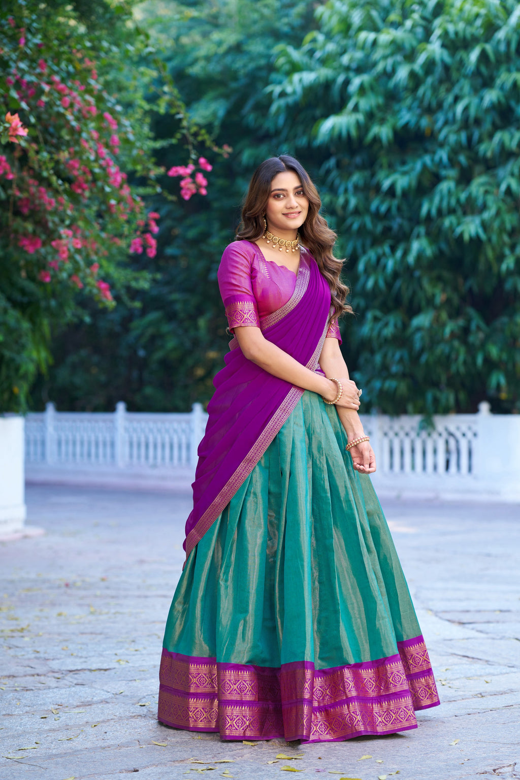 Skyblue Kanchipuram lehenga with traditional Zari weaving work and dupatta