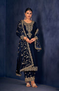 Blue velvet embroidered fabric with sequence work for a designer salwar suit