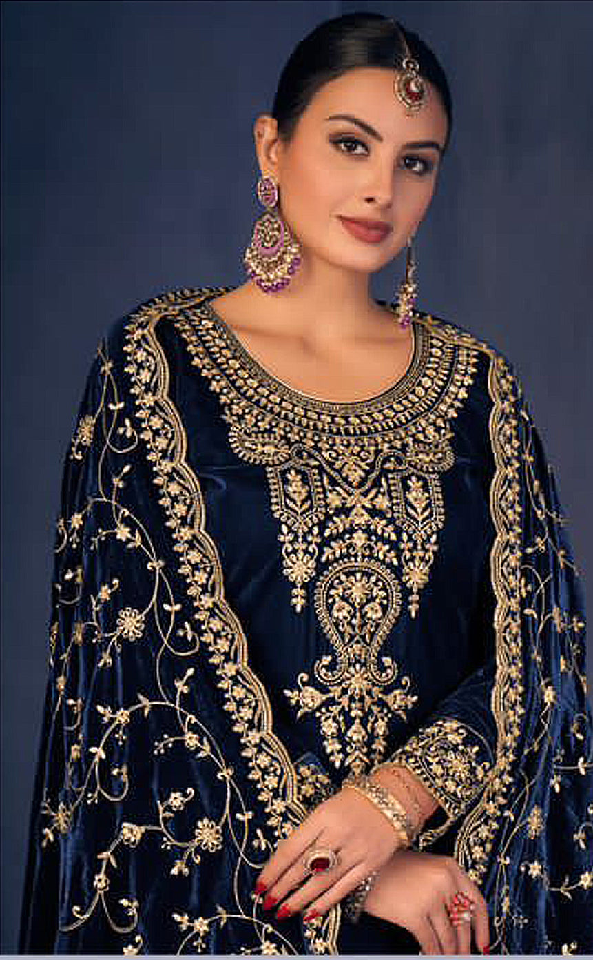 Blue Velvet Embroidered Salwar Suit Material with Sequence Details