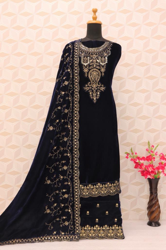 Blue Velvet Embroidered Salwar Suit Material with Sequence Details