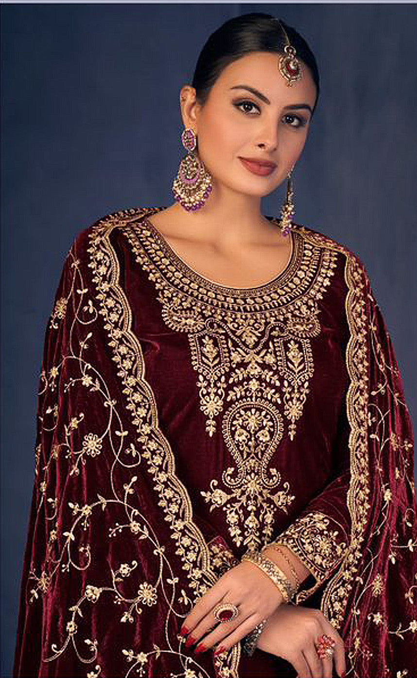 Maroon Velvet Embroidered Salwar Suit Material with Sequence Work