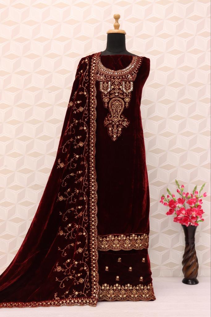 Maroon Velvet Embroidered Salwar Suit Material with Sequence Work