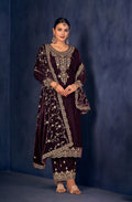 Royal purple velvet fabric with detailed sequence embroidery for designer salwar suit