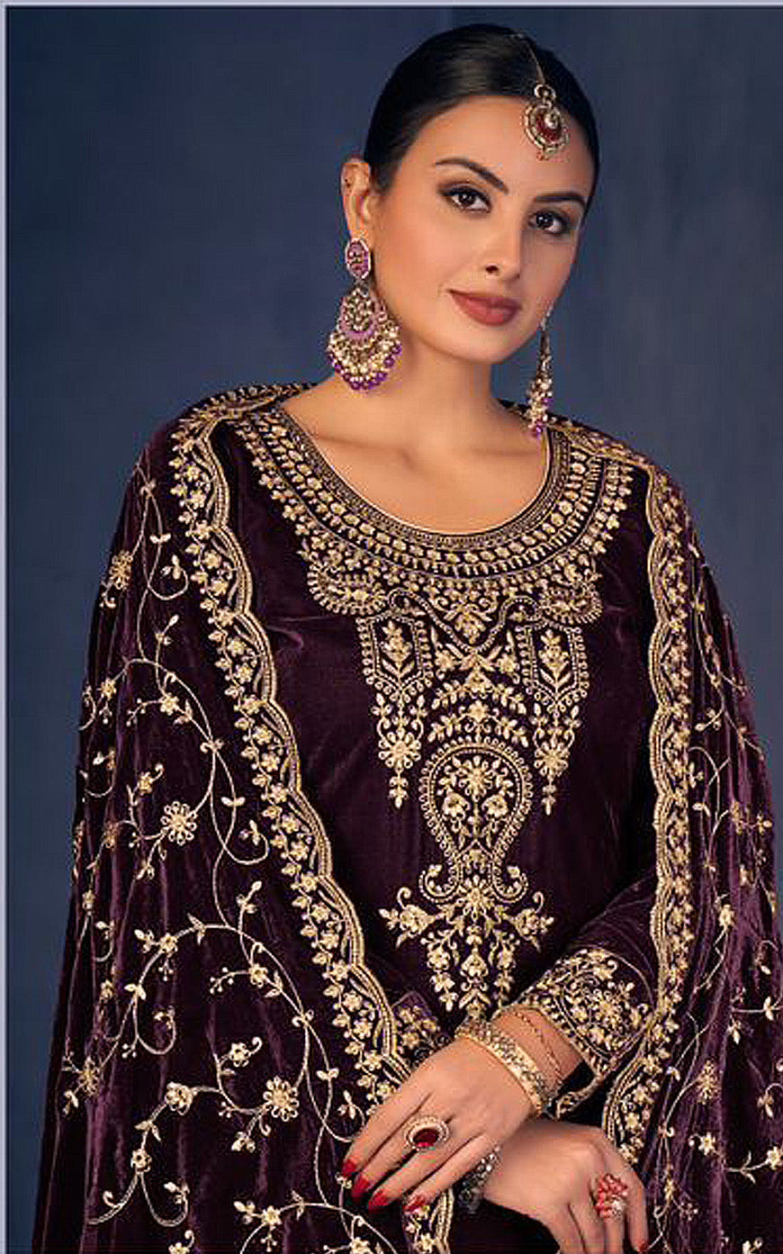 Purple Velvet Embroidered Salwar Suit Material with Sequence Work
