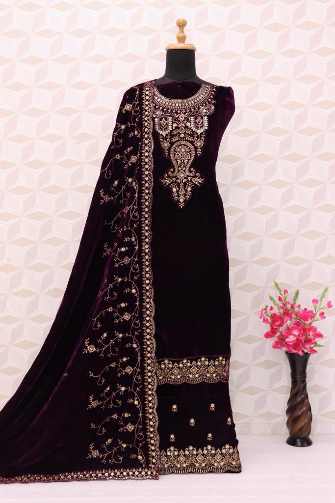 Purple Velvet Embroidered Salwar Suit Material with Sequence Work