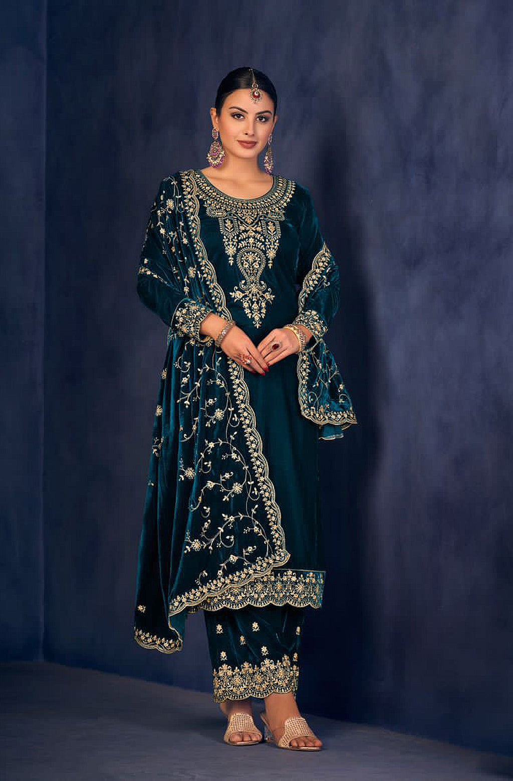 Rama velvet salwar suit material with intricate embroidery and sequence work details