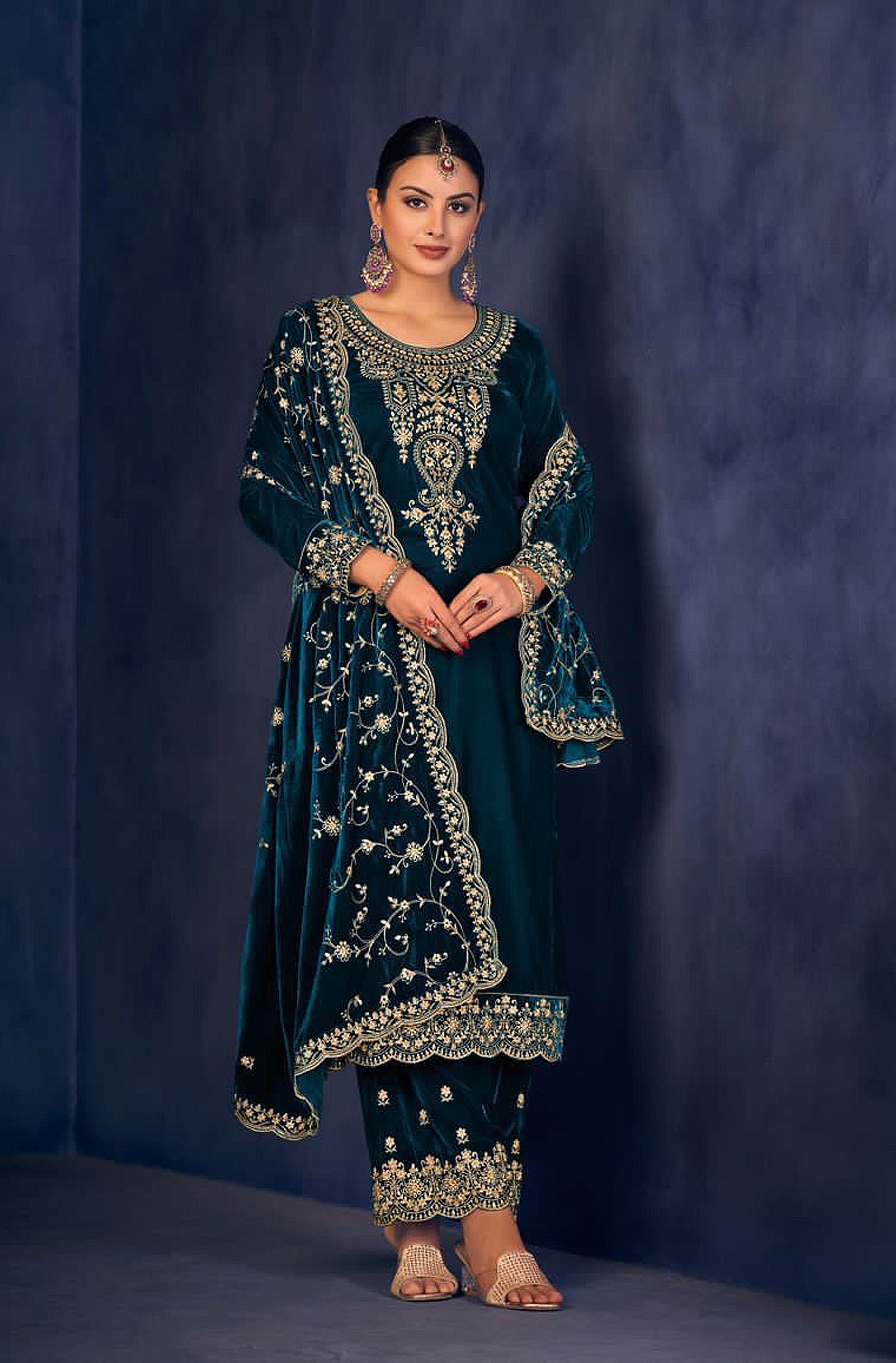 Rama velvet salwar suit material with intricate embroidery and sequence work details