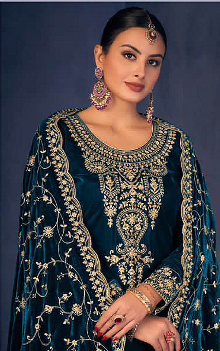 Rama Velvet Embroidered Salwar Suit Material with Sequence Work