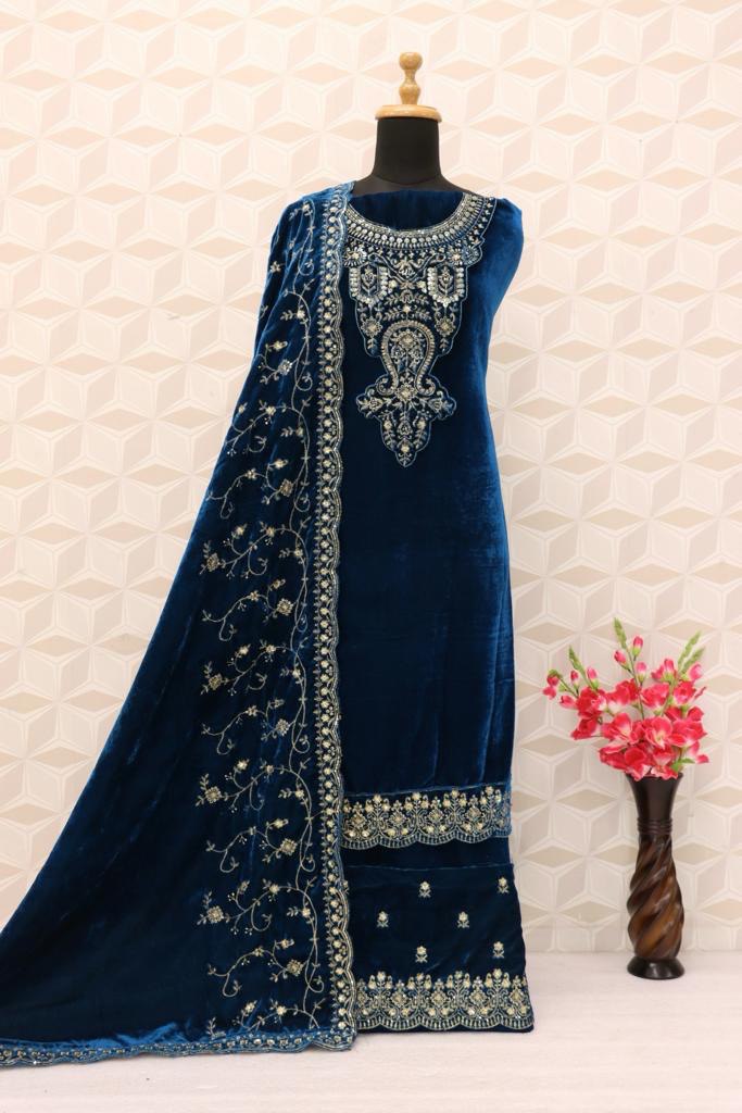Rama Velvet Embroidered Salwar Suit Material with Sequence Work