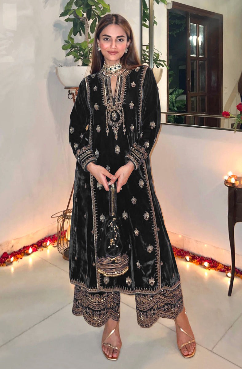 Black velvet salwar suit material with detailed embroidery and sequence work