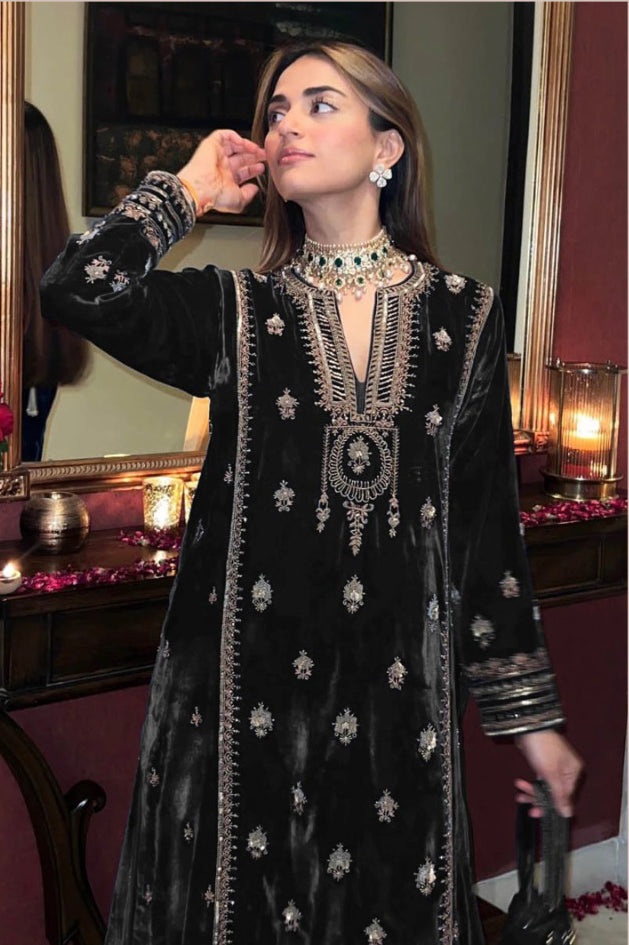 Black Velvet Embroidered Salwar Suit Material with Sequence Work