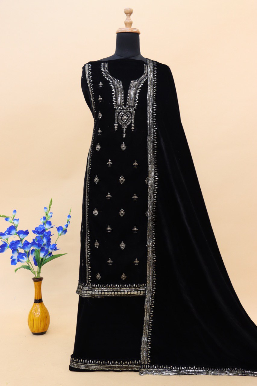 Black Velvet Embroidered Salwar Suit Material with Sequence Work