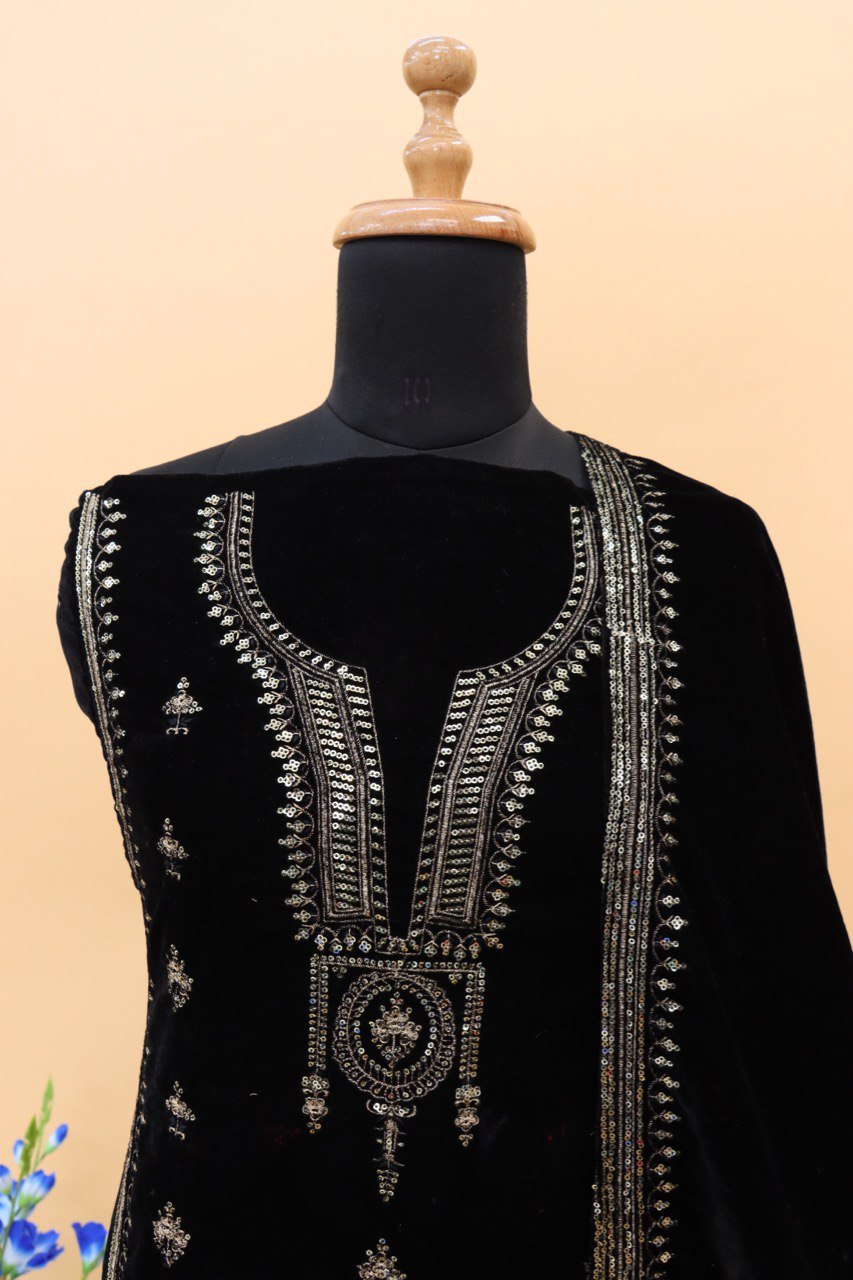 Black Velvet Embroidered Salwar Suit Material with Sequence Work