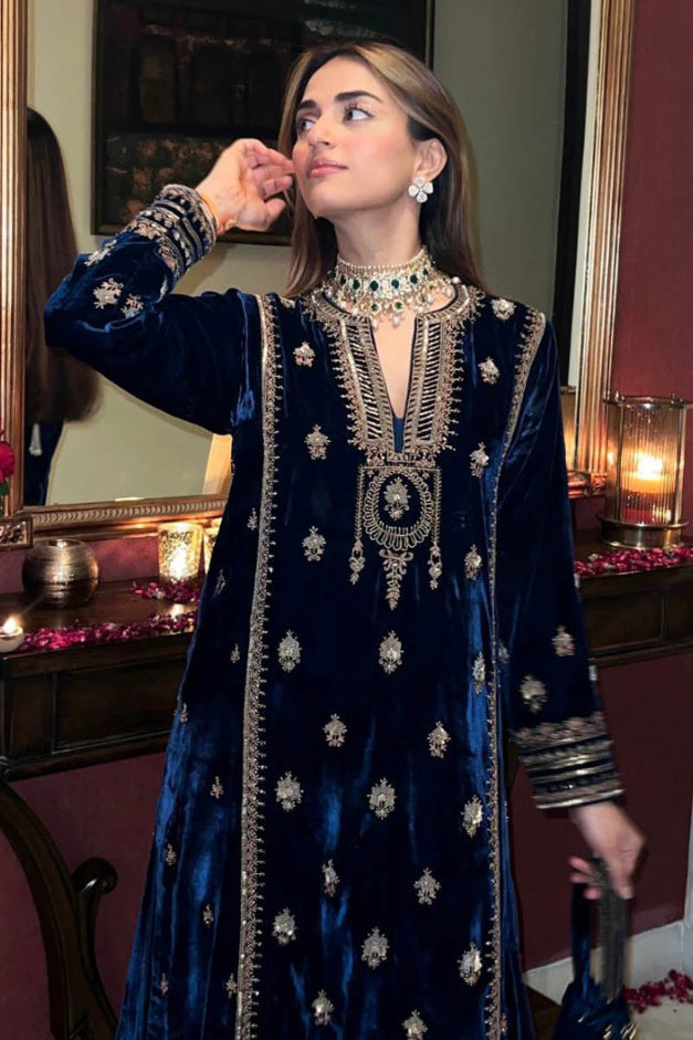 Blue Velvet Embroidered Salwar Suit Material with Sequence Work