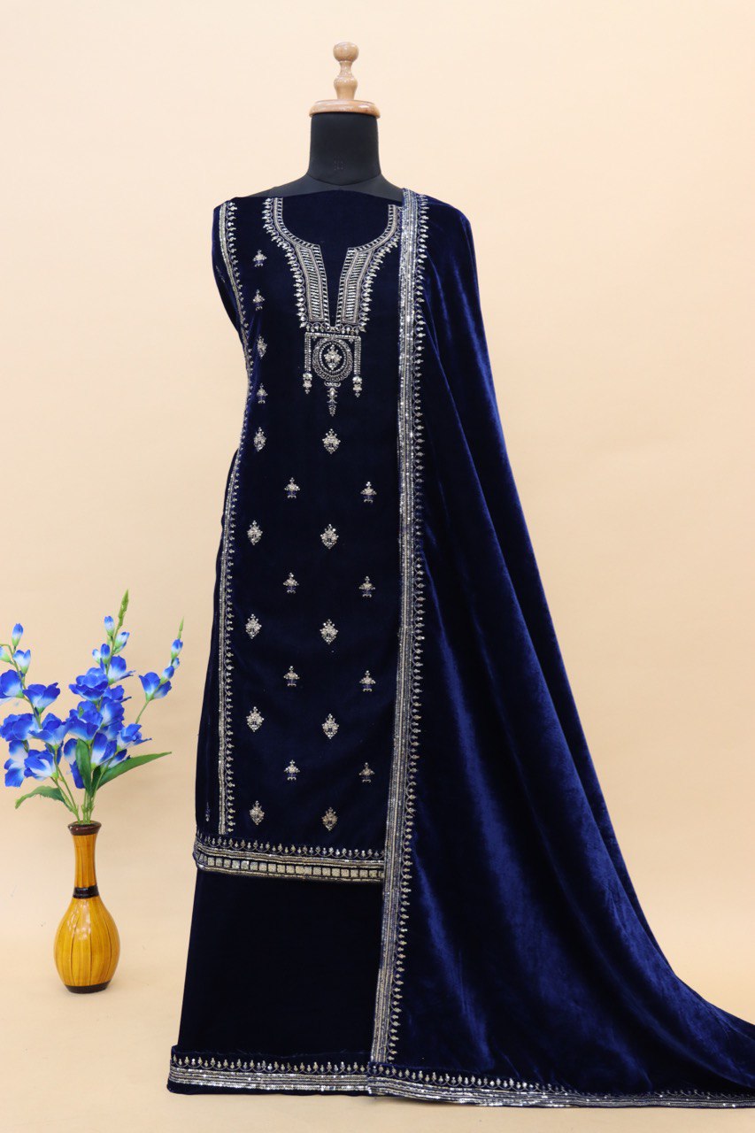 Blue Velvet Embroidered Salwar Suit Material with Sequence Work