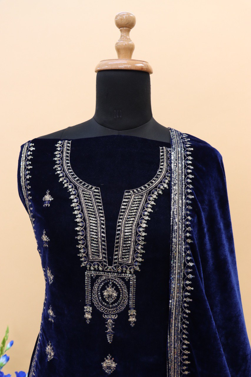 Blue Velvet Embroidered Salwar Suit Material with Sequence Work