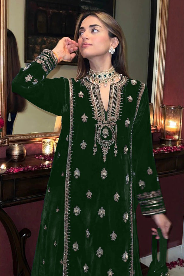 Green Velvet Embroidered Salwar Suit Unstitched Dress Material