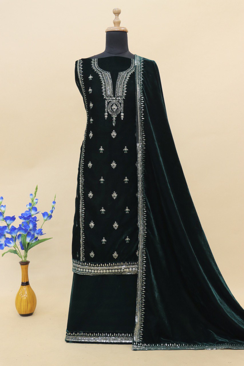 Green Velvet Embroidered Salwar Suit Unstitched Dress Material